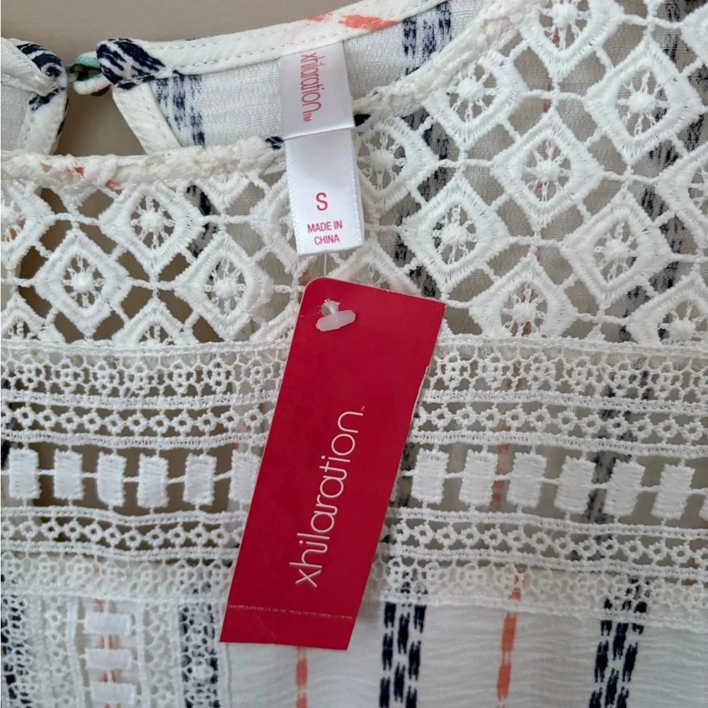 Xhilaration Women's S Boho Chic Striped Crochet Lace Trim Shift Dress - Picture 2 of 3